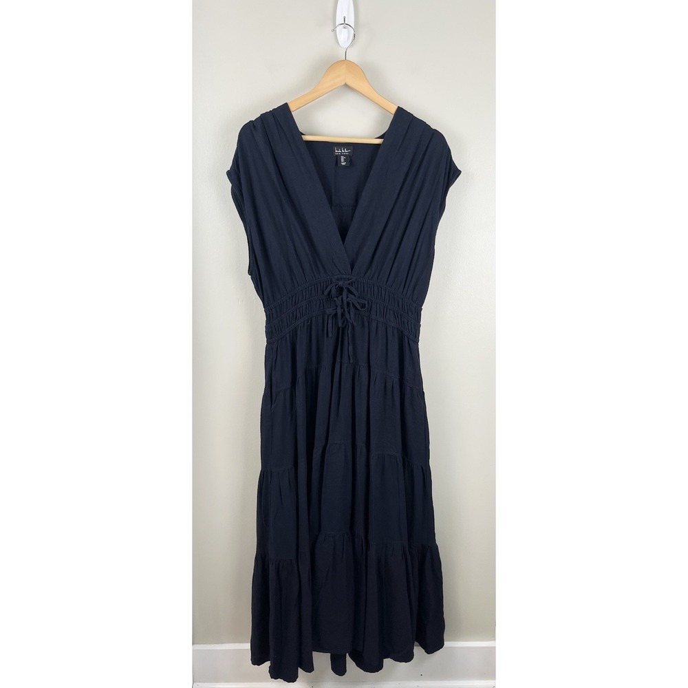 Nicole Miller New York Dress Navy Linen Blend Tiered Smocked Waist Lg Resort